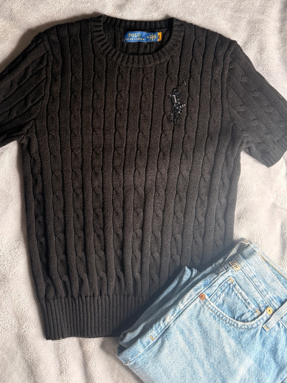 Polo Ralph Lauren Women’s M Black Cable Knit Cotton Sweater Beaded Big Pony